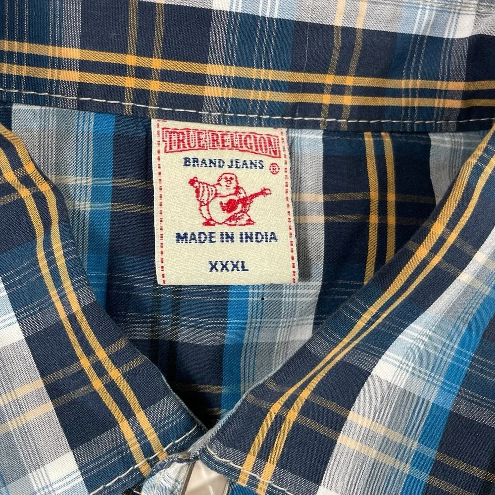 True Religion Blue White Yellow Checked Cotton Sawtooth Square Pearl Snap 3XL
